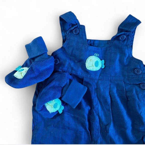 Vintage Bright Future Blue fish overalls with matching booties for baby boy - Picture 2 of 4